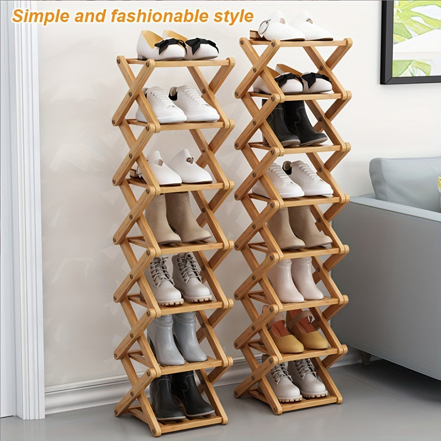 Bamboo Shoe Rack with Cross Design, Multi-layer Storage for Indoor Spaces such as Bedrooms, Dormitories, and Houses. Ideal for entryways to save space with its compact size.