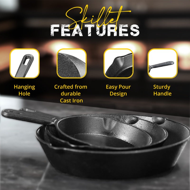 Set of 3 Cast Iron Skillets with Flat Bottoms, Non-Stick Coating, Oil Splash Pot, Easy Pouring, and Sturdy Handles - Perfect for Cooking at Home. Small, Uncoated, Traditional Frying Pans.