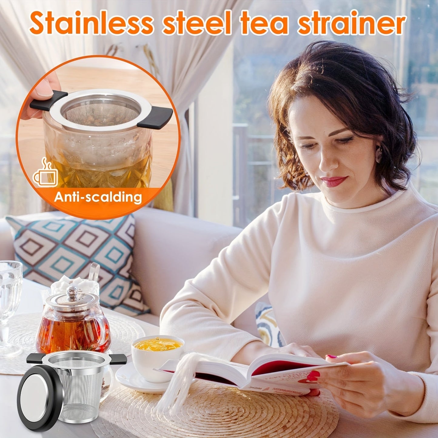 Silicone-Handled Stainless Steel Tea Strainer - Perfect for Loose Leaf Tea - Ideal for Office, Camping, Dining - Dishwasher Safe with Hanging Cup Design - Heat-Resistant