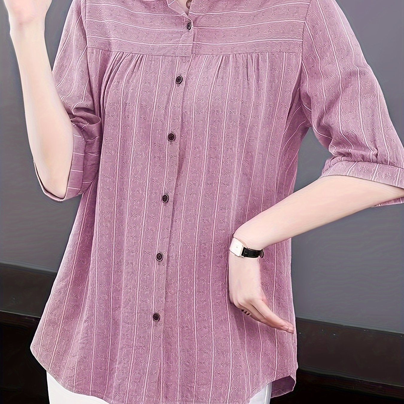 Striped print half sleeve shirt for women, perfect for spring and summer.