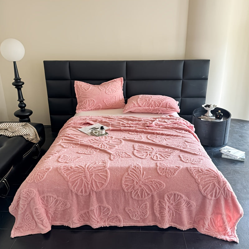 Soft and comfortable butterfly jacquard nap blanket available in milky white, camel, pink, green, purple, brown, gray, and blue gray. Perfect for use in the office, on the sofa, in the living room, or in the car.