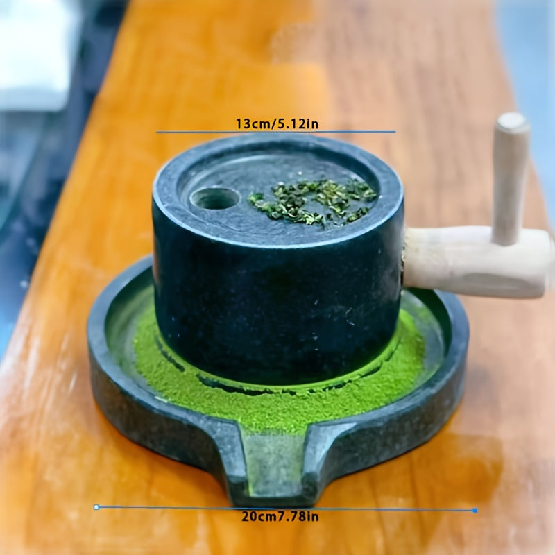 Handcrafted bluestone grinder for tea, coffee, and pepper, along with a matching handmade tea set and stone grinder for matcha. A perfect addition to any household's collection of tea grinding utensils, complete with beautiful graphite ornaments.