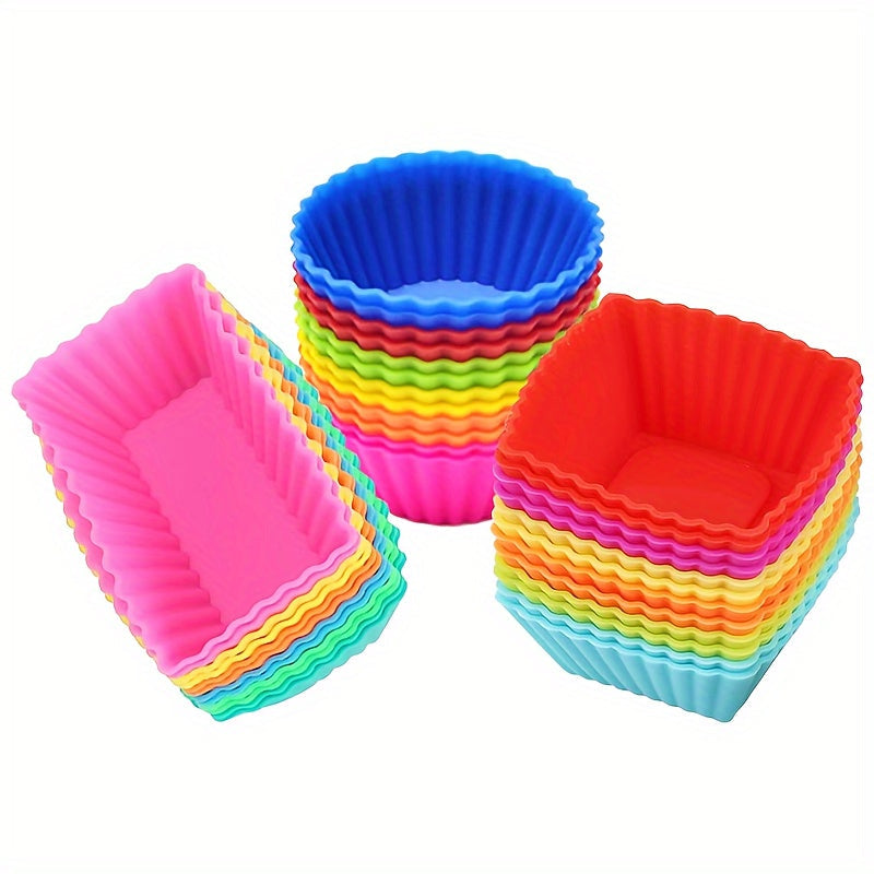 Reusable non-stick silicone baking cups for muffins and cupcakes, sold in packs of 12 or 24.