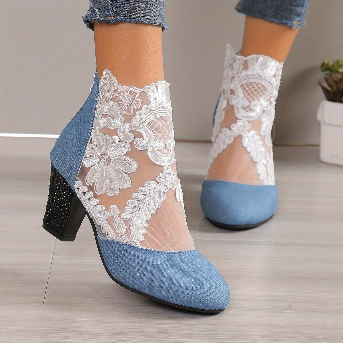 Mesh block heel boots with floral embroidered back zipper, versatile ankle boots for women.