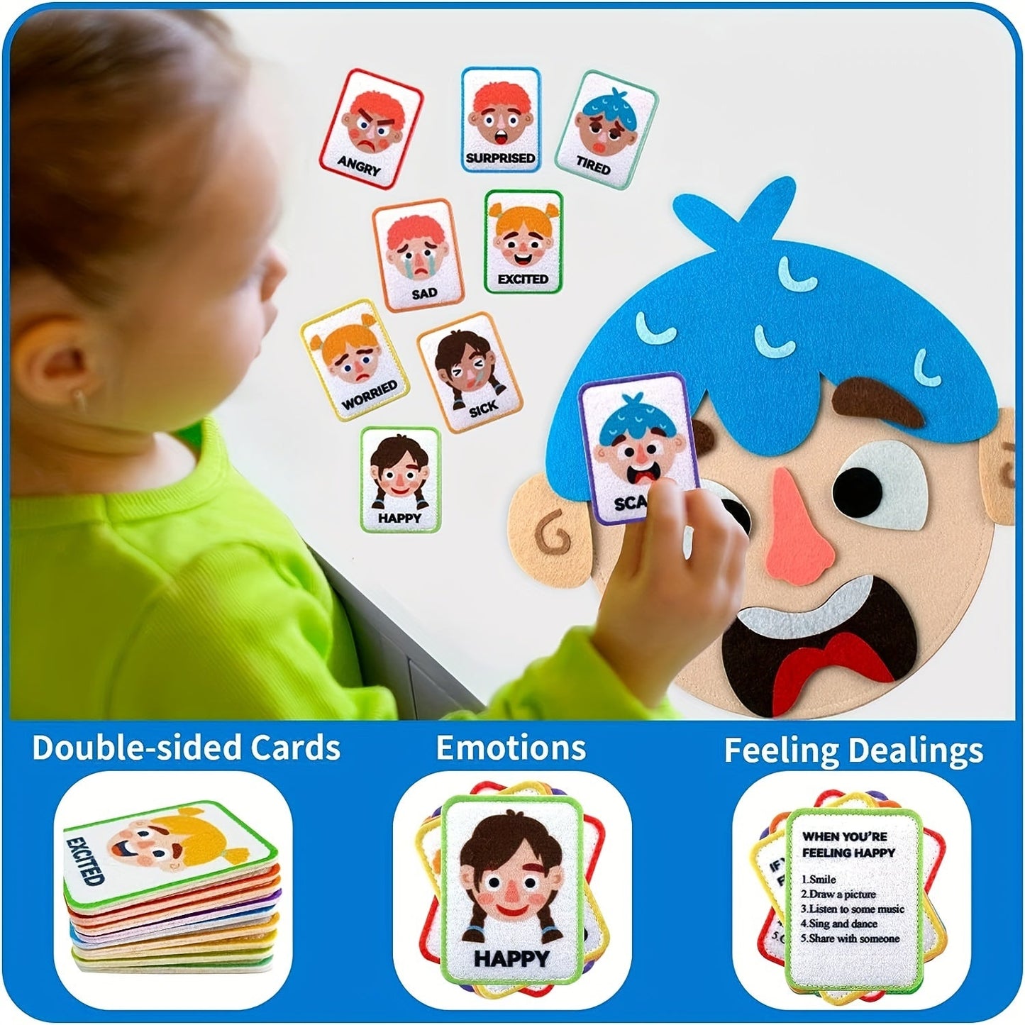 Craftstory offers a set of 86 social emotional learning activities for kids, including 2 face boards and 9 emotion cards for playing Making Faces games. These preschool learning activities also double as sensory autism therapy toys.