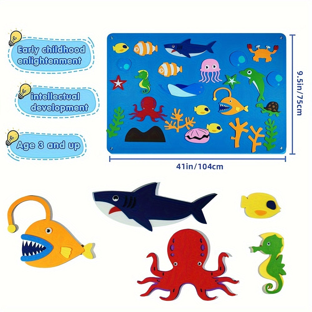 Ocean Animals Felt Board Set - Dive into the Underwater World with this interactive storytelling flannel toy set featuring a Shark, Octopus, Dolphin, and Turtle. Perfect for kids ages 3 and up, this wall hanging game is reusable and made from durable