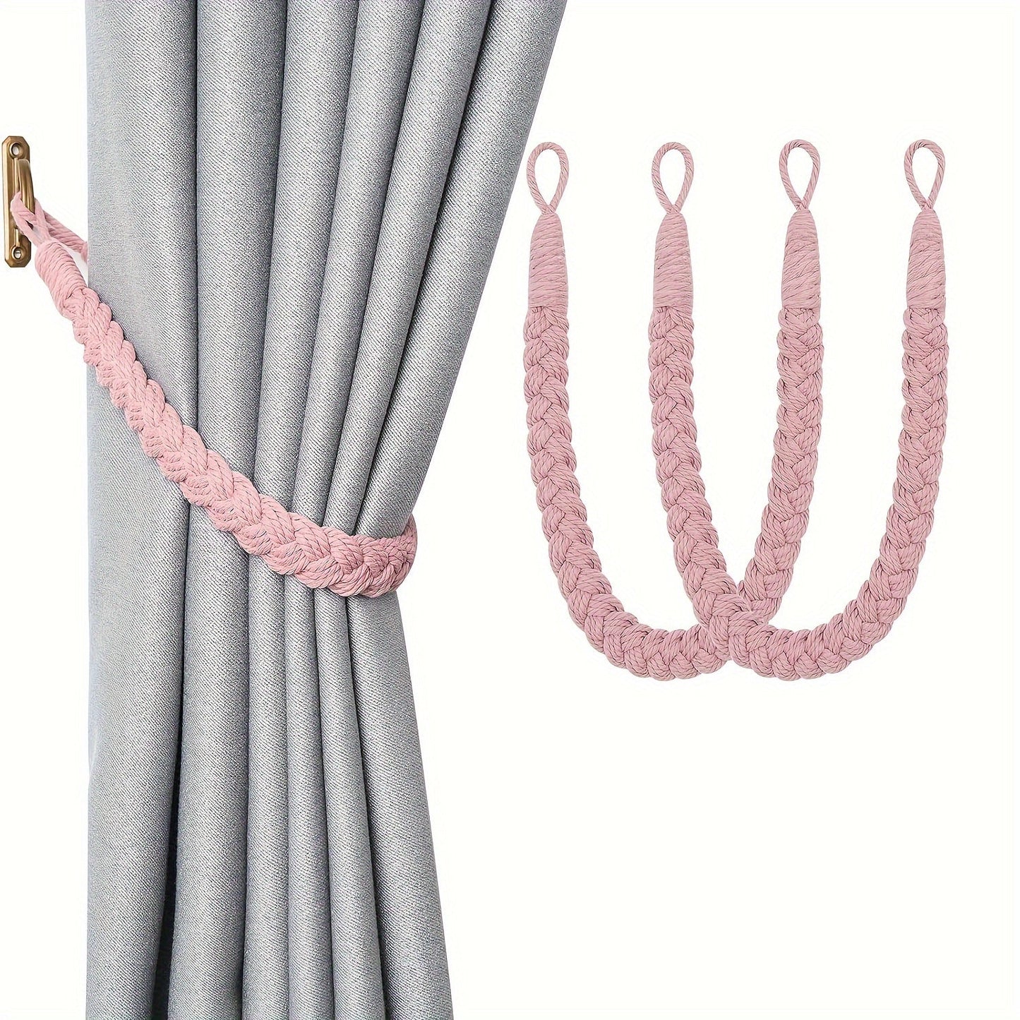 Two pieces of elegant bohemian style hand-woven rope curtain tiebacks featuring metal hooks - perfect for adding a natural decorative touch to your home or office. These soft braided design holdbacks are the ideal curtain accessories.