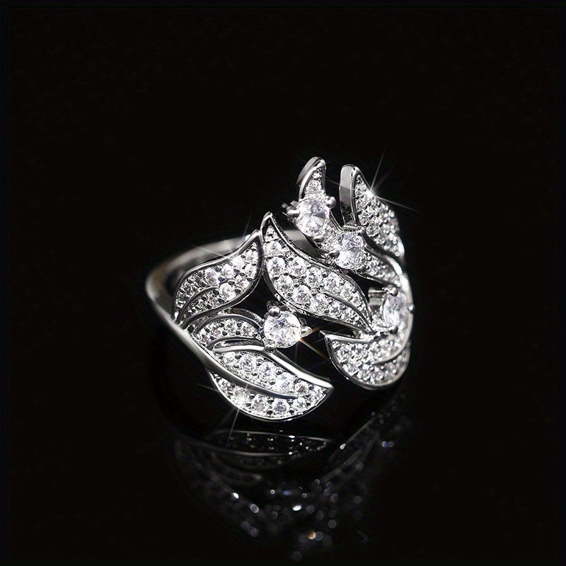 Casual Accessories - Women's 925 Silver Plated Micro Pave Zirconia Flower Leaf Rings Designed for Personality Fashion