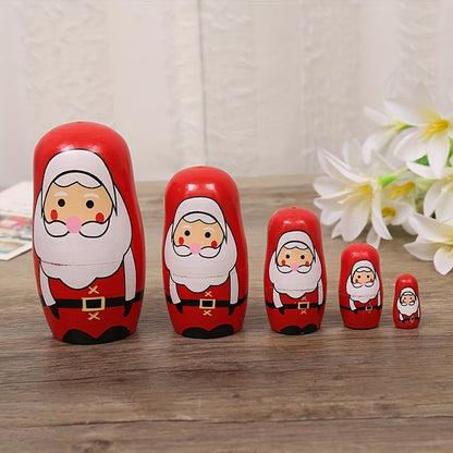 Handmade wooden Santa nesting dolls for kids, perfect for holidays.