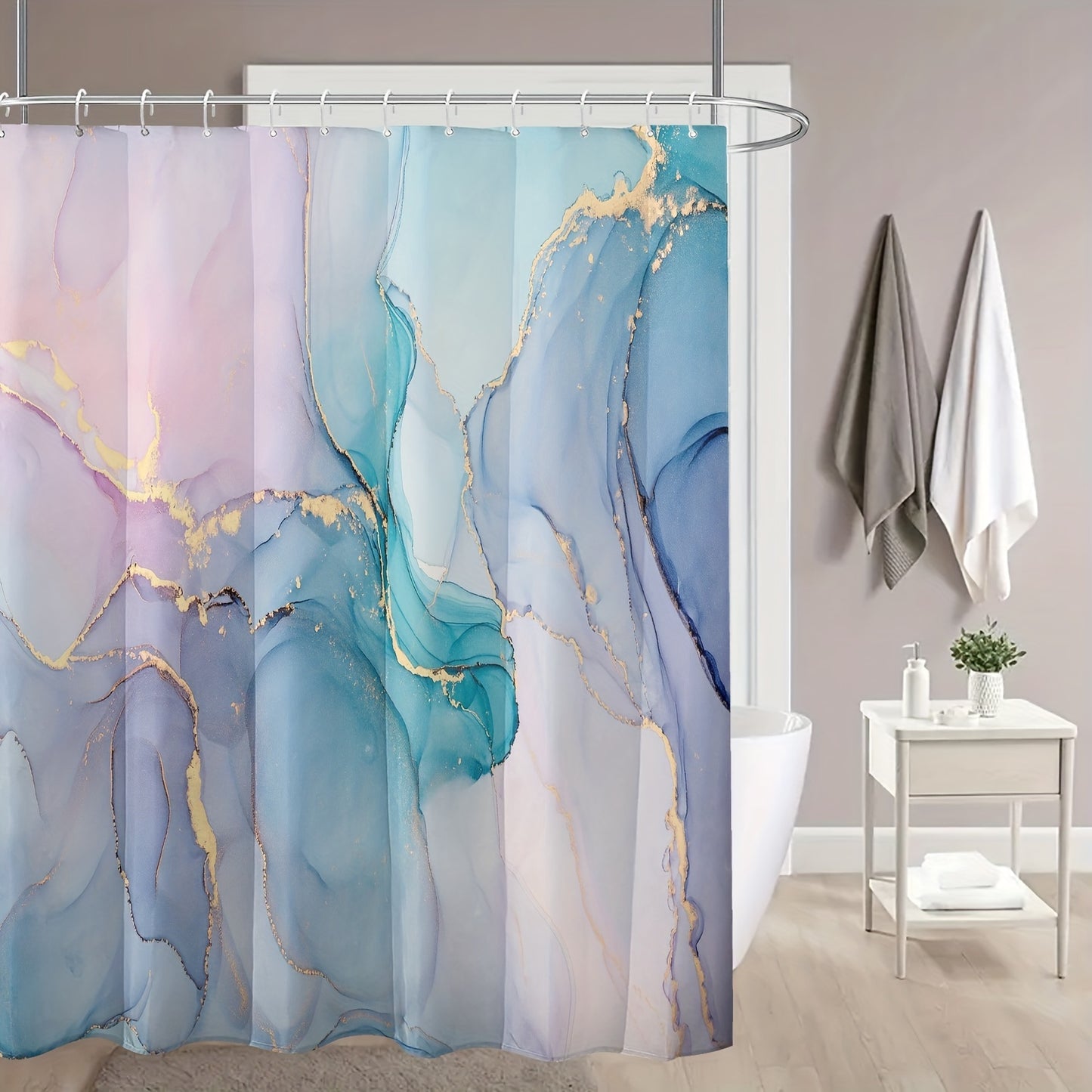 Dreamy marble gilded pattern bathroom window curtain with plastic hooks. Suitable for rooms, families, and hotels. Machine washable and waterproof.