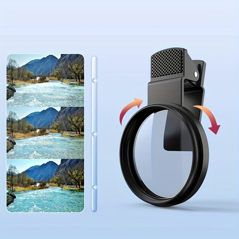 Universal CPL Polarizing Filter for smartphones and DSLR cameras reduces glare and reflections, compatible with various devices.