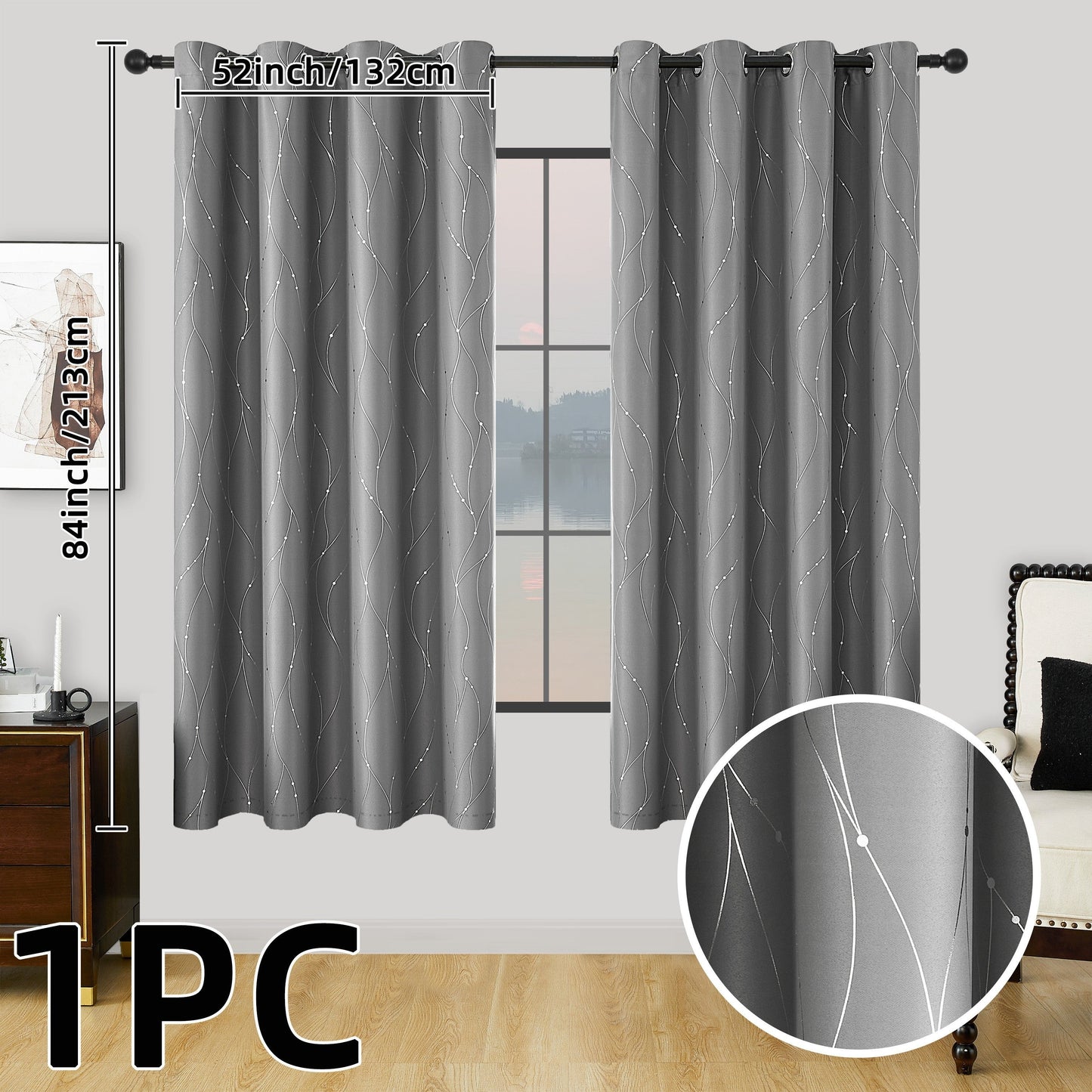 1 piece of geometric pattern curtain with heat insulating properties, featuring an oil print design for blackout purposes. This curtain has grommet top details and is suitable for home decor in the bedroom, living room, office, and study room.