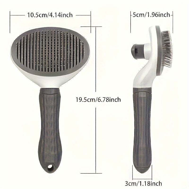 Pet hair removal comb with one-button operation, ideal for grooming and massaging dogs and cats.