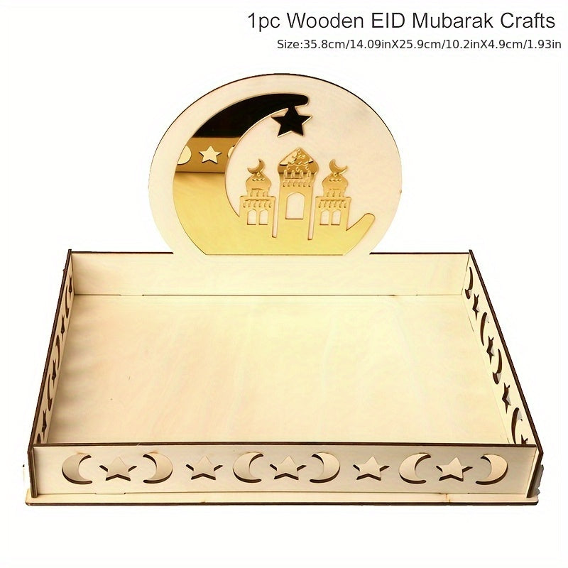 Eid Mubarak wooden dessert tray with moon and star design, ideal for Ramadan decor and Islamic celebrations, no batteries needed.