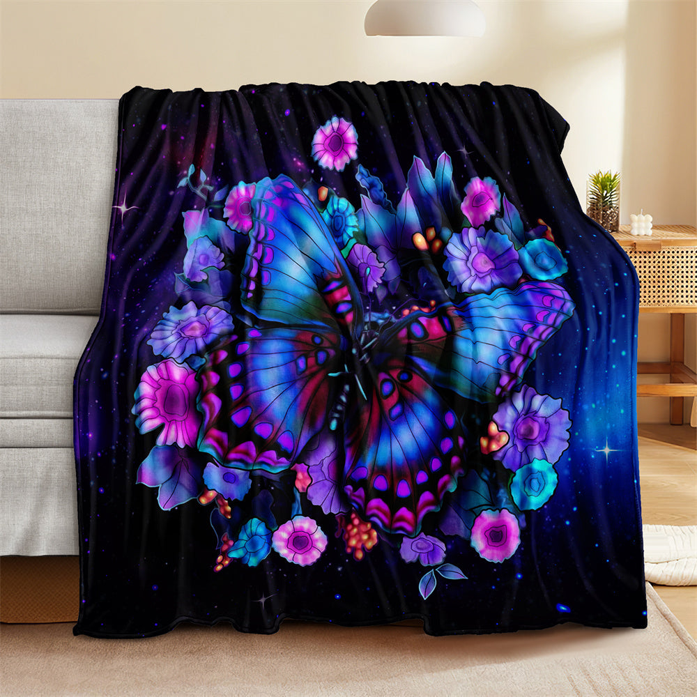 One piece of a purple floral butterfly blanket with digital printing, made from cozy lightweight flannel material perfect for sofa, bed, travel, and camping. This fleece throw blanket is ideal for living rooms, offices, couches, chairs, and beds.