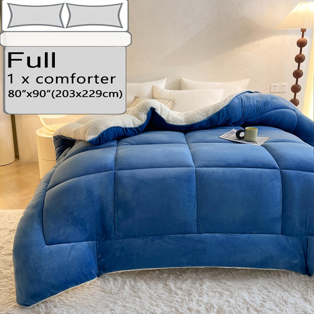 Super cozy Sherpa fleece comforter in a solid color, thick and warm for year-round use. Easy to clean in the washing machine, ideal for bedroom and guest room.