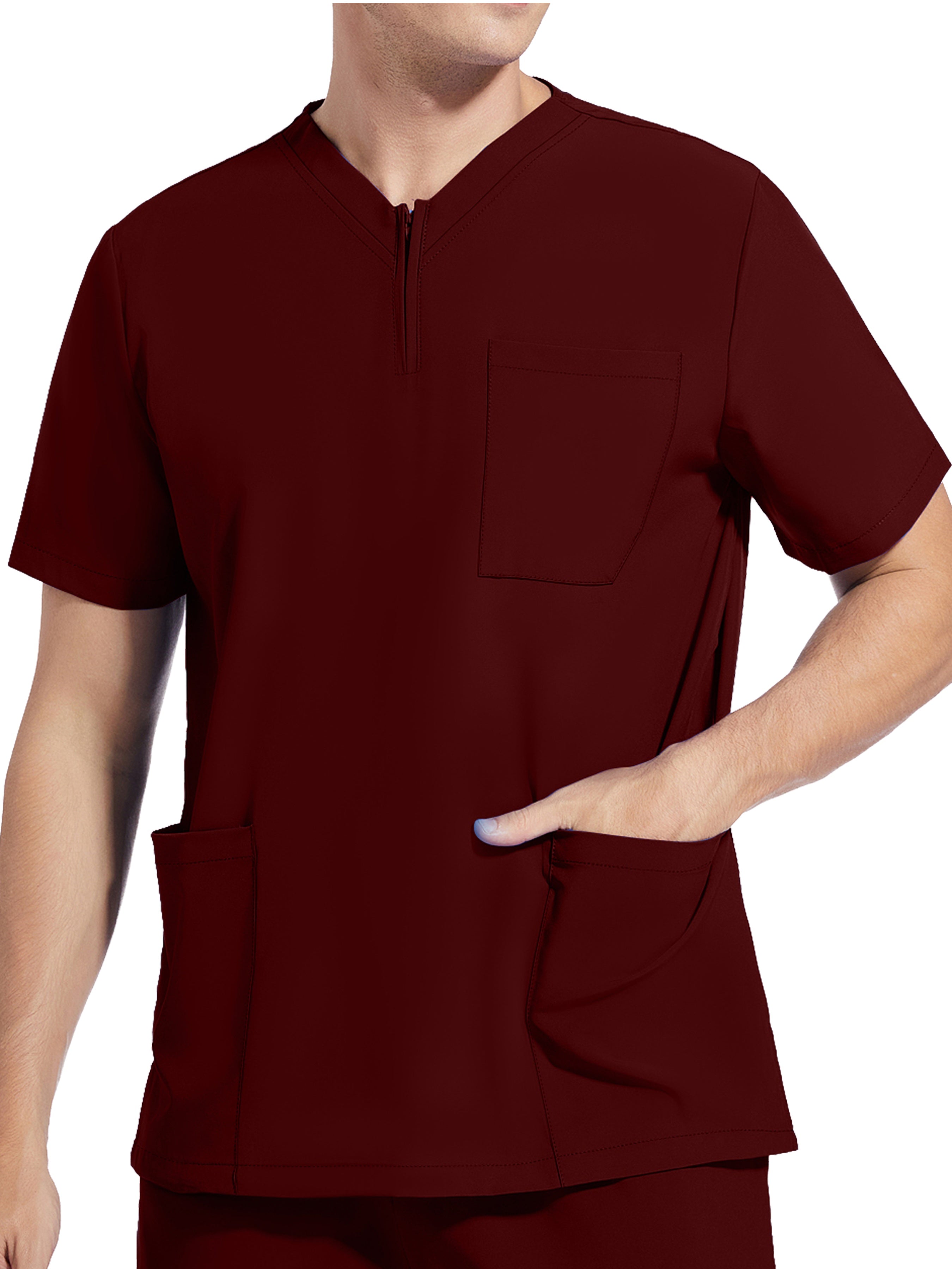 Stretch work uniform lab shirt for men with short sleeves, pockets, and v-neck design.