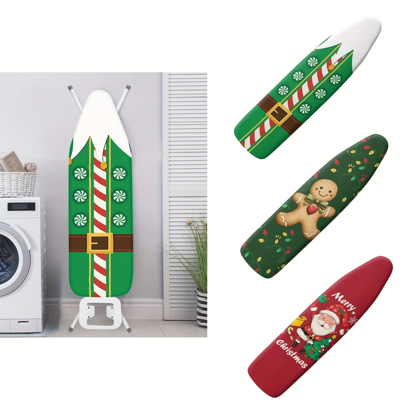 Elastic Christmas-themed ironing board cover fits most sizes and offers festive dust protection for your home decor.