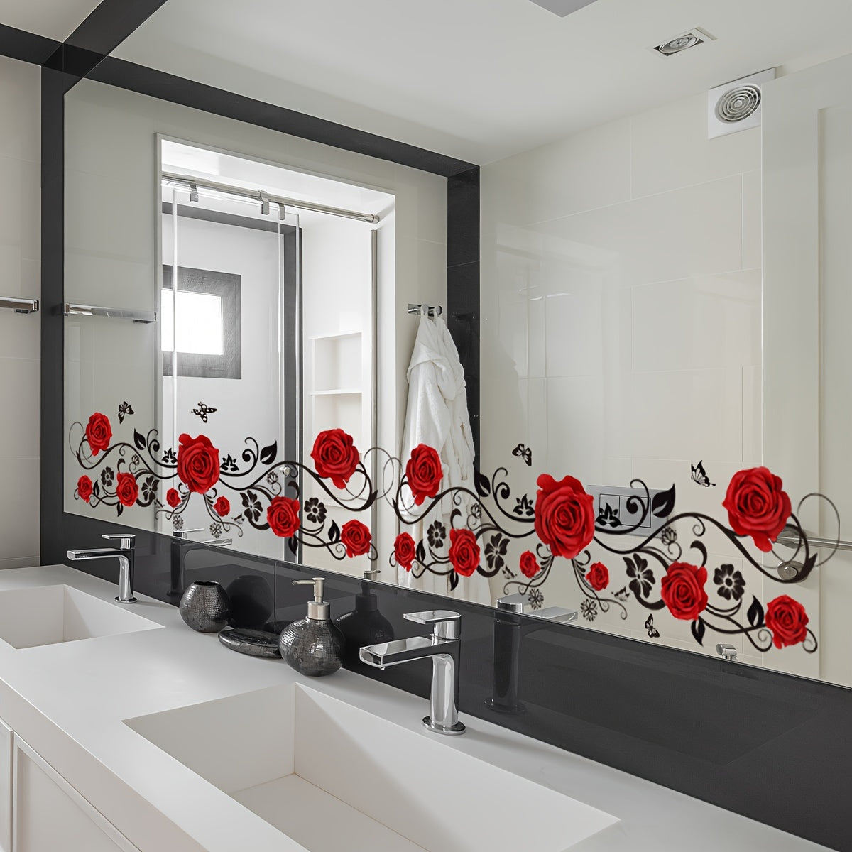 Modern Rose and Butterfly Vine Mirror Glass Decal Set, Self-Adhesive Window Stickers made of PVC material, perfect for adding a floral touch to your bathroom or shower door. Each piece measures 50.01x15.01 cm. Designed for single use, this decorative PVC