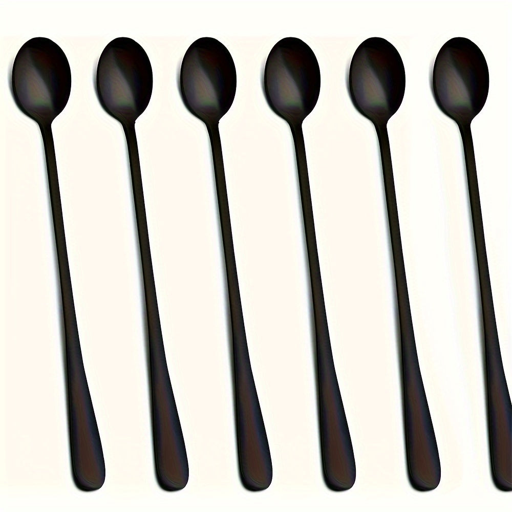 Set of 6 long-handled iced tea spoons, black stirring spoon, high-quality stainless steel coffee spoon, cocktail stirring spoon, long-handled teaspoon, mirror polished, dishwasher safe.