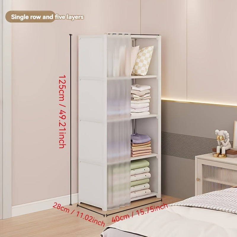 Simple to put together, this multi-layer storage organizer is made of metal and has dustproof shelving. It is perfect for use in bedrooms, classrooms, rentals, and dorm rooms. The freestanding closet system has over 3.2 cubic feet of enclosed storage