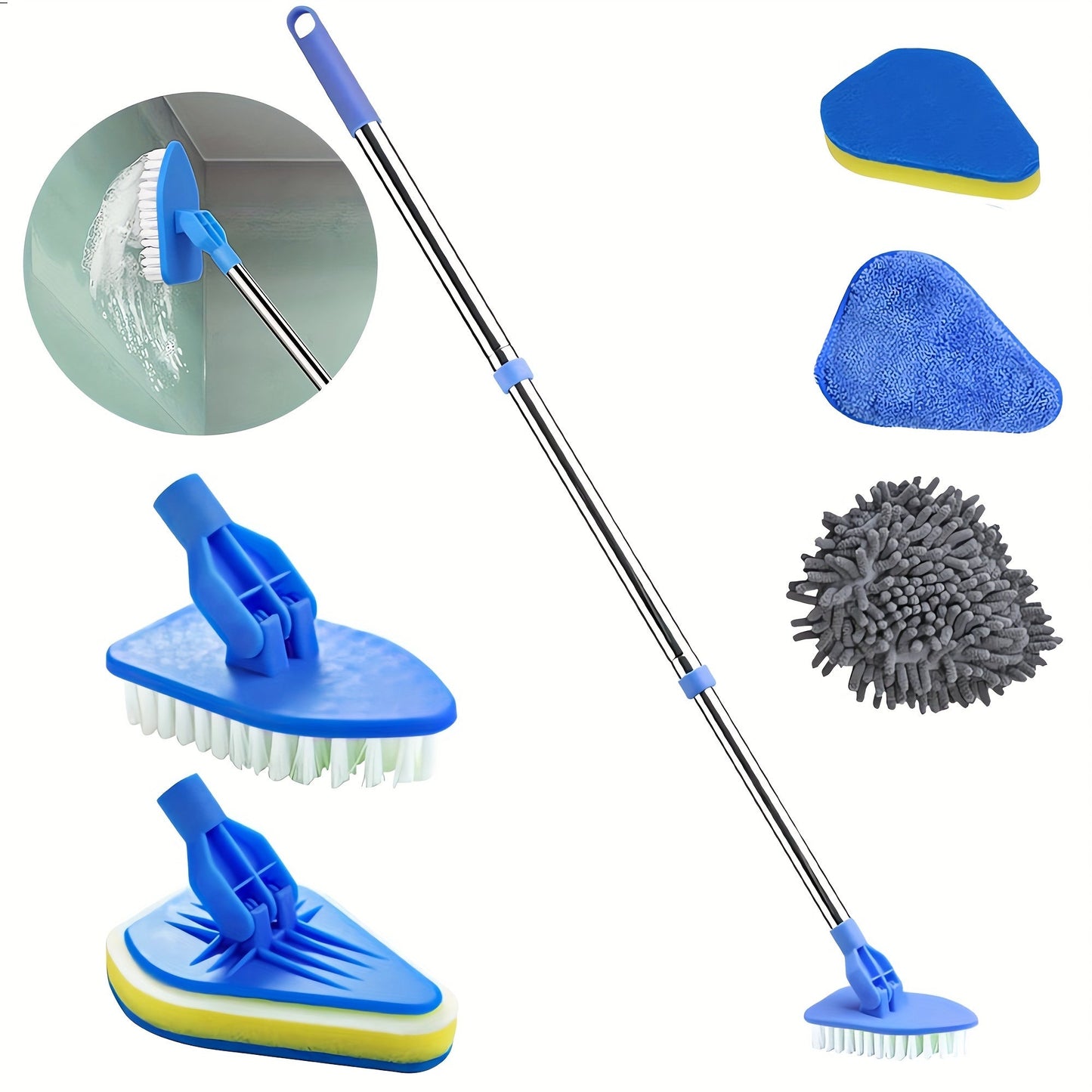 Home Cleaning Tool Set with Extendable Long Handle - Includes 4 Scrub Cleaning Brushes with Hard Bristle & Sponge Heads, Microfiber & Coral Velvet for Bathroom, Toilet, Bathtub, Kitchen, Walls, Windows - Lightweight and Detachable, Perfect for Shower