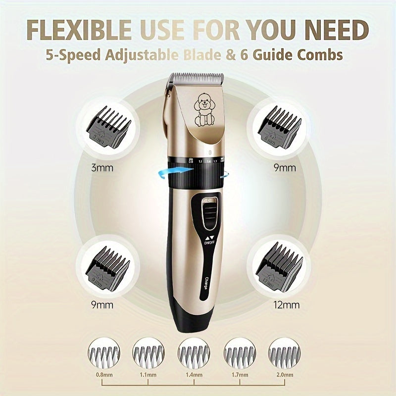 USB rechargeable electric clippers with ceramic blades for grooming cats and dogs.