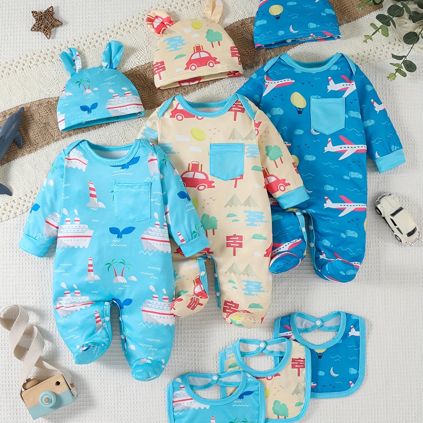 SHIXUANBAOBEI 9pcs newborn long sleeve wrap bodysuit featuring printed cartoon designs. Includes bunny hat and drooling towel. Soft and comfortable, perfect as a gift for every baby. Ideal