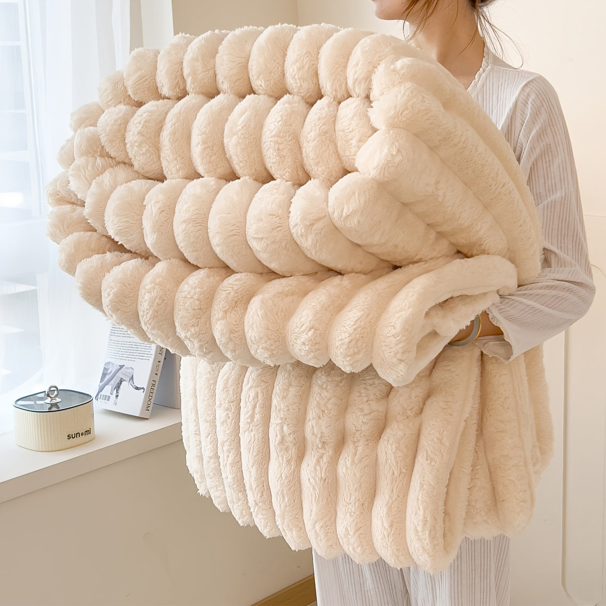 Cozy Contemporary Striped Plush Blanket made with Thickened Polyester Knit Fabric, Perfect for All Seasons. Can be used as a Bedspread, Nap Blanket, or even as a Pet Blanket. Weighs 250-300gsm.