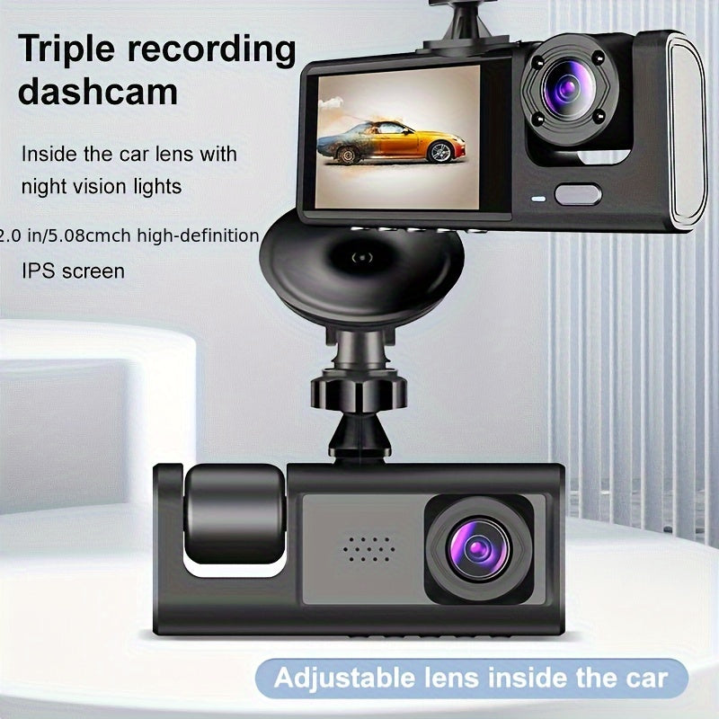 1 set of 3-channel front and rear car camera with 1080P resolution, IR night vision, cycle recording, 5.08 cm IPS screen, and wide-angle lenses for simultaneous recording of a black box.