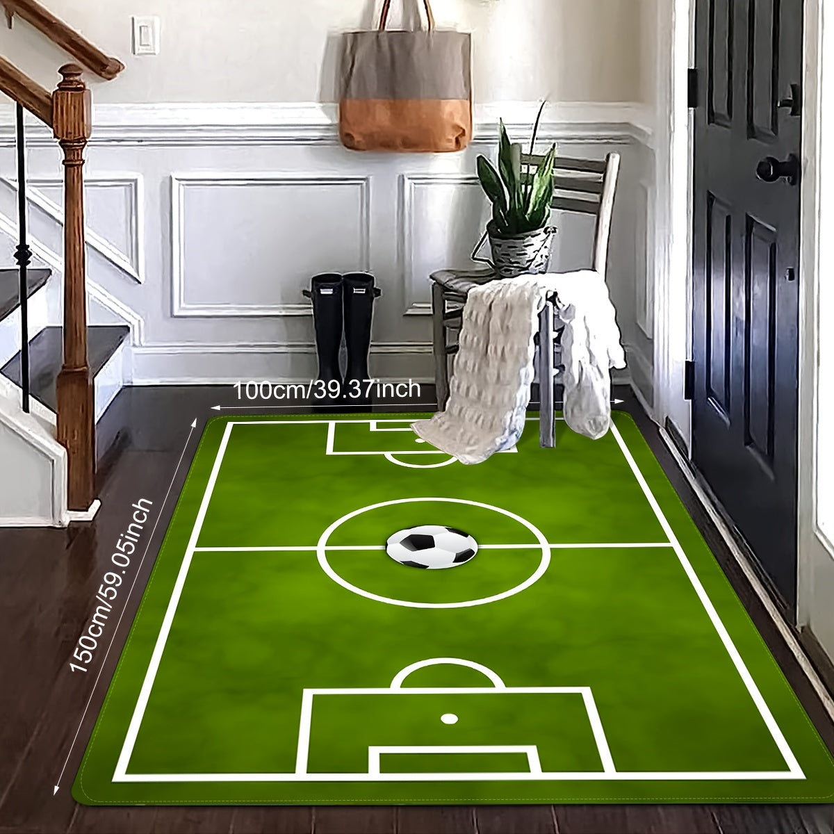 Add a vibrant touch to your home decor with this vibrant green soccer stadium design area mat. Made from soft, non-slip polyester, this stain-resistant rug is perfect for living rooms, doorways, hallways, and balconies. Bring a sporty vibe to your space