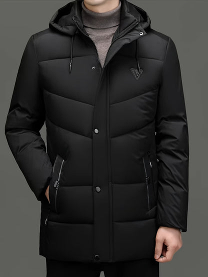 Men's mid-length hooded padded jacket with detachable hood, suitable for winter outdoors.