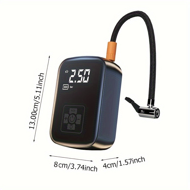 150W portable car tire inflator with LED light, USB rechargeable, safe and efficient for various inflatables.