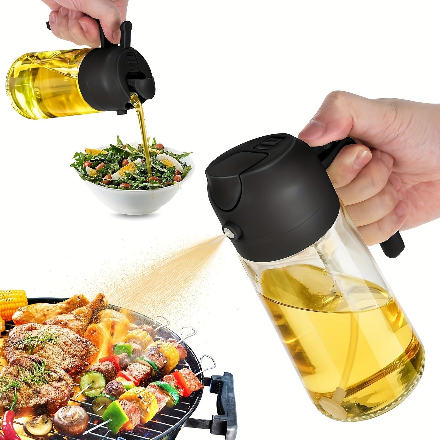 Olive Oil Dispenser and Sprayer Combo - 15.8oz BPA-Free Plastic, Ideal for Cooking, Salads, Frying, BBQs, Flavor Infuser, and Pouring Bottle