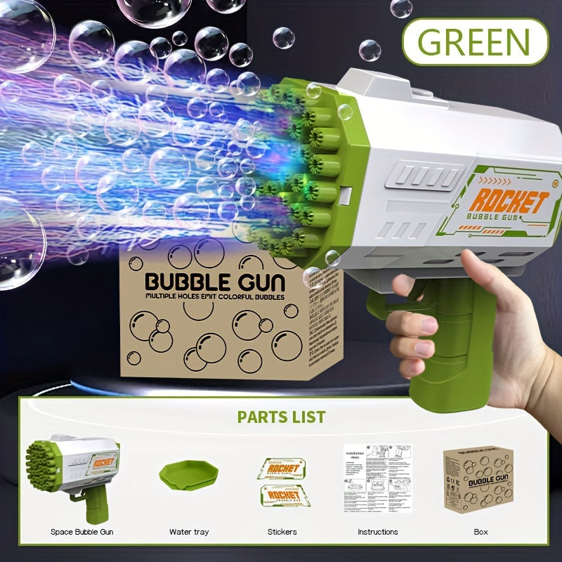 Portable electric bubble gun toy with 40 holes, colorful bubble streams, and mechanical style for summer parties and birthdays. Batteries and bubble solution not included. Safe and fun