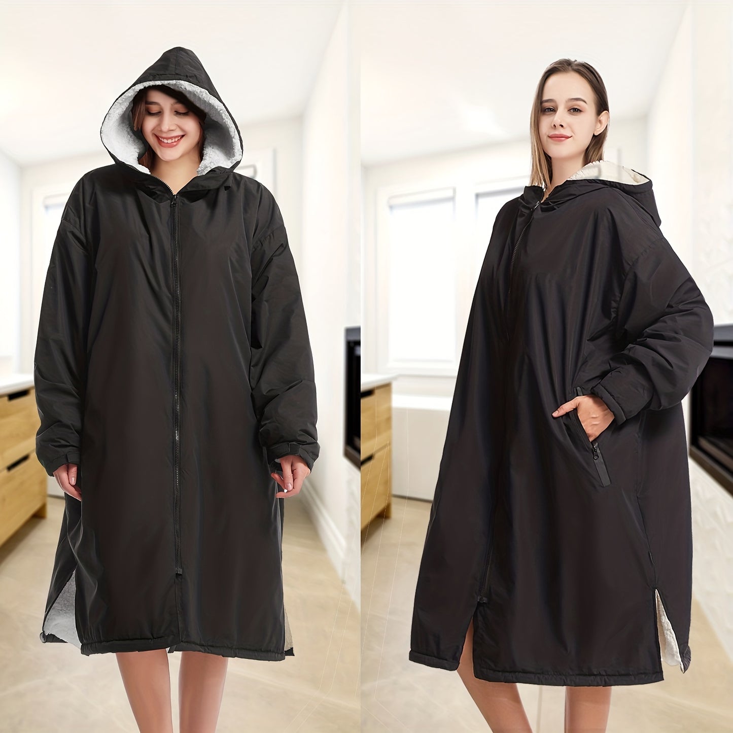 Waterproof, windproof unisex changing robe with fleece lining and hood for home, surfing, diving, camping, and hiking.