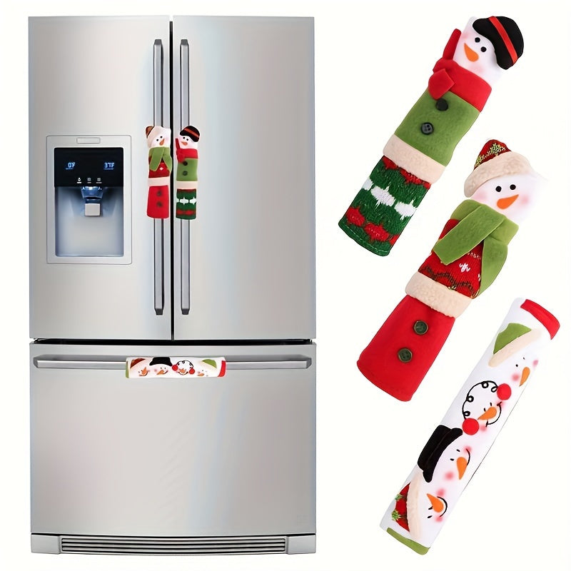 Set of three Christmas gingerbread refrigerator door handle covers, perfect for adding a festive touch to your kitchen. These covers are washable, feather-free, and microwave safe, making them a practical and stylish decoration for the holiday season.