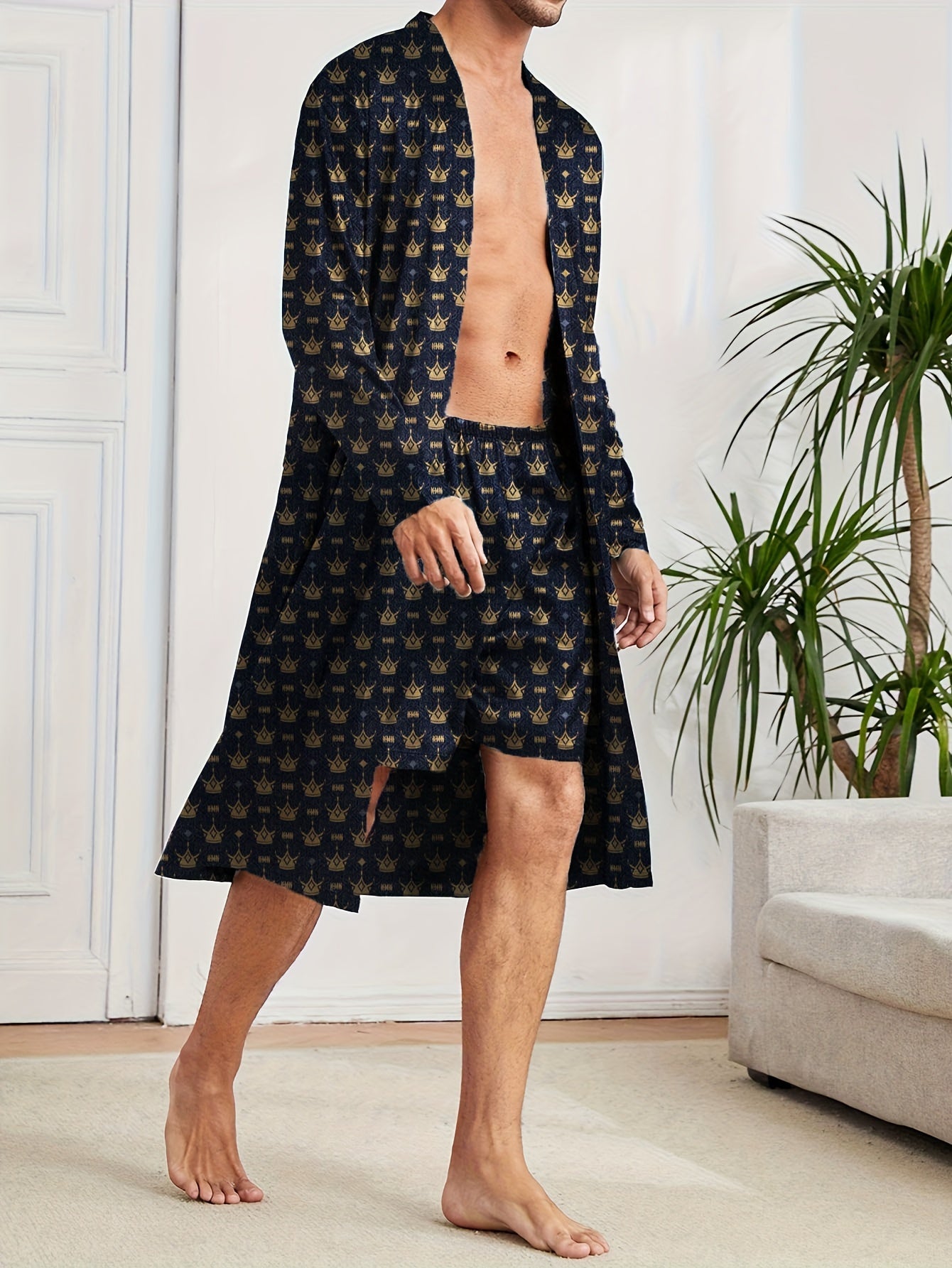 Men's long sleeve robes and shorts featuring a trendy crown pattern, perfect for comfortable and casual indoor activities.