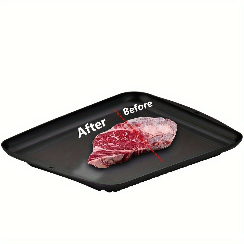 One piece defrosting platter for seafood, steak, and meat, designed for quick and efficient thawing at home. Can also be used as a food tray or cutting board for vegetables and fruit.