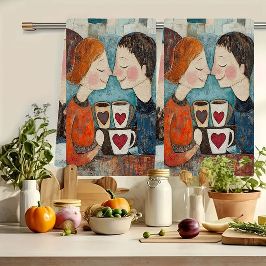 Enjoy the cozy charm of these two ultra-soft kitchen towels, adorned with a delightful design of two people sharing a coffee shop moment. With heart-printed mugs in hand, they smile warmly at each other, creating a festive and inviting atmosphere. These