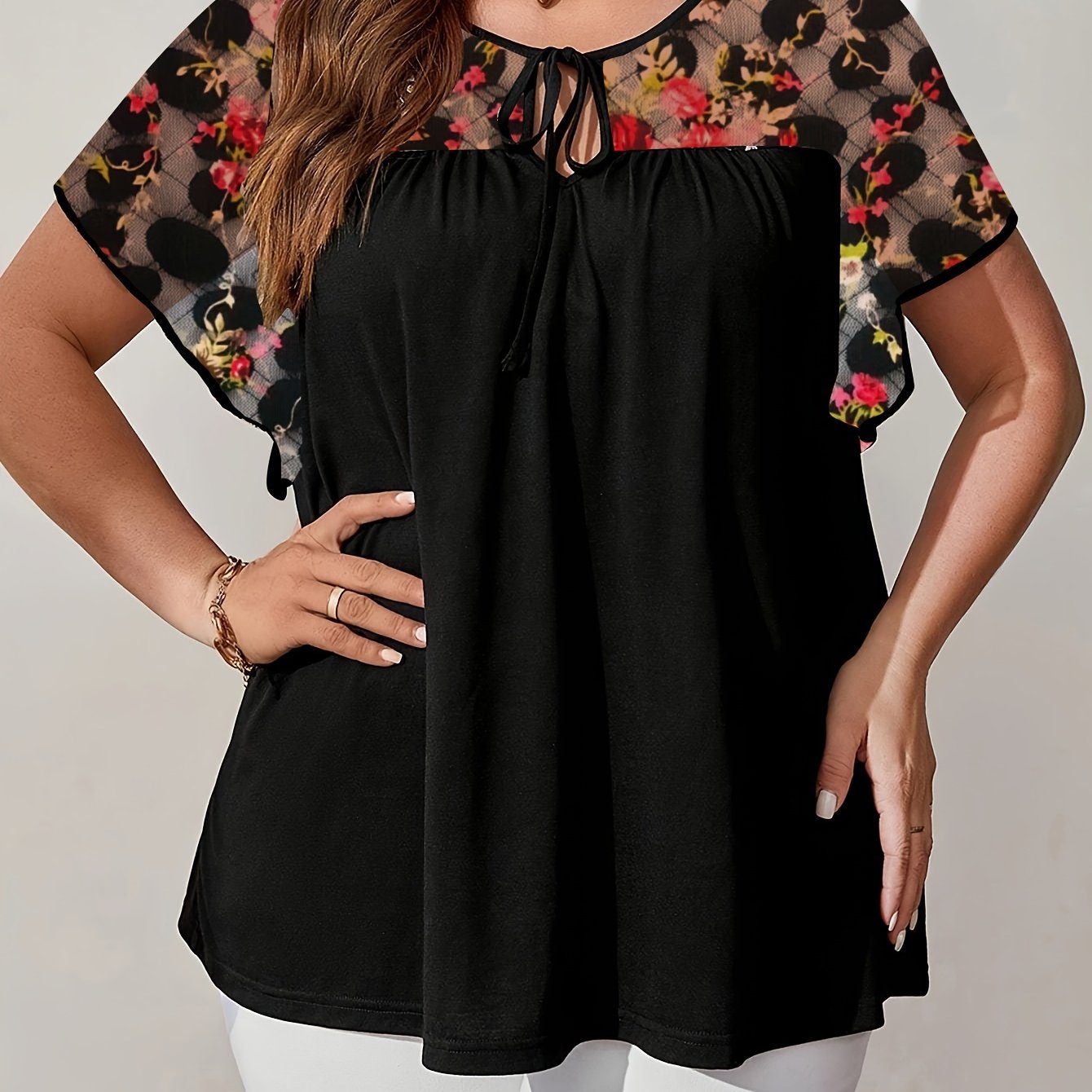 Plus Size Women's Elegant Black Floral Blouse with Tie-Front, Butterfly Sleeves, Lace-Like Fabric - Perfect for Spring & Summer.