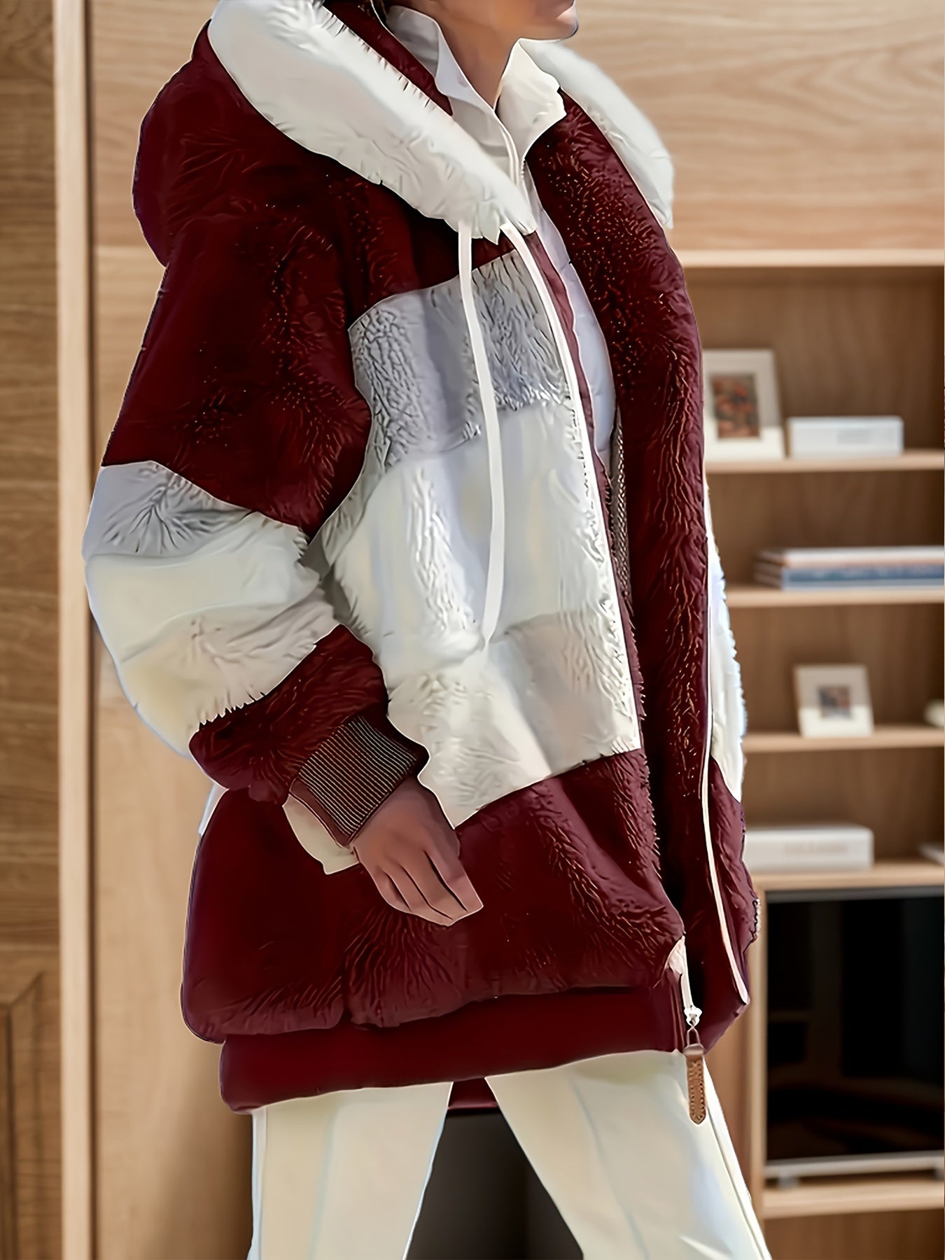 Winter lounge top for women with colorblock design, thick fleece, front zipper, hood, and drawstring coat. loungewear.