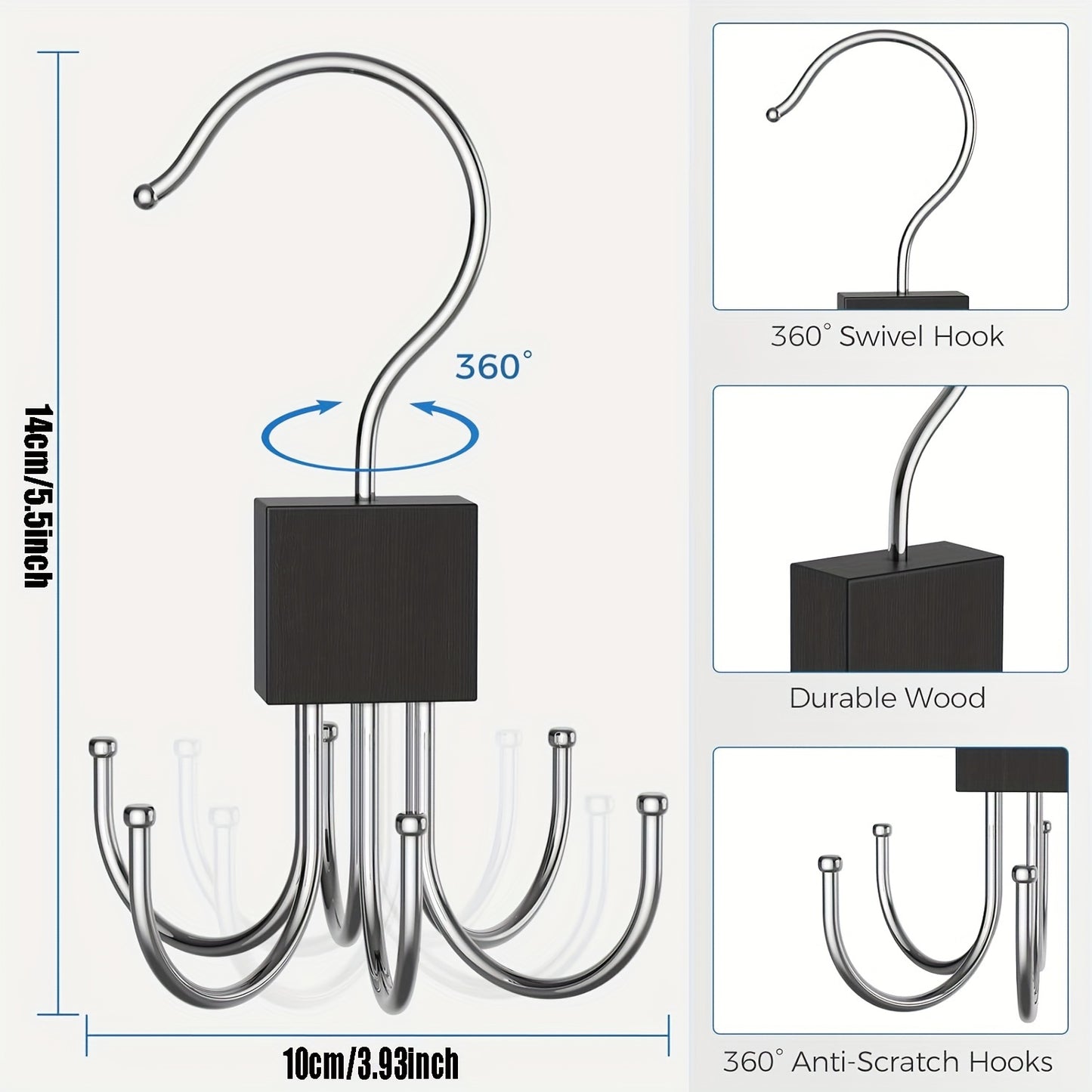 Large capacity multipurpose belt hanger for organizing belts, bras, vests, ties, and scarves in a closet. Made of rotatable wooden rack with stainless steel hanging hooks. Stylish accessory for any closet.