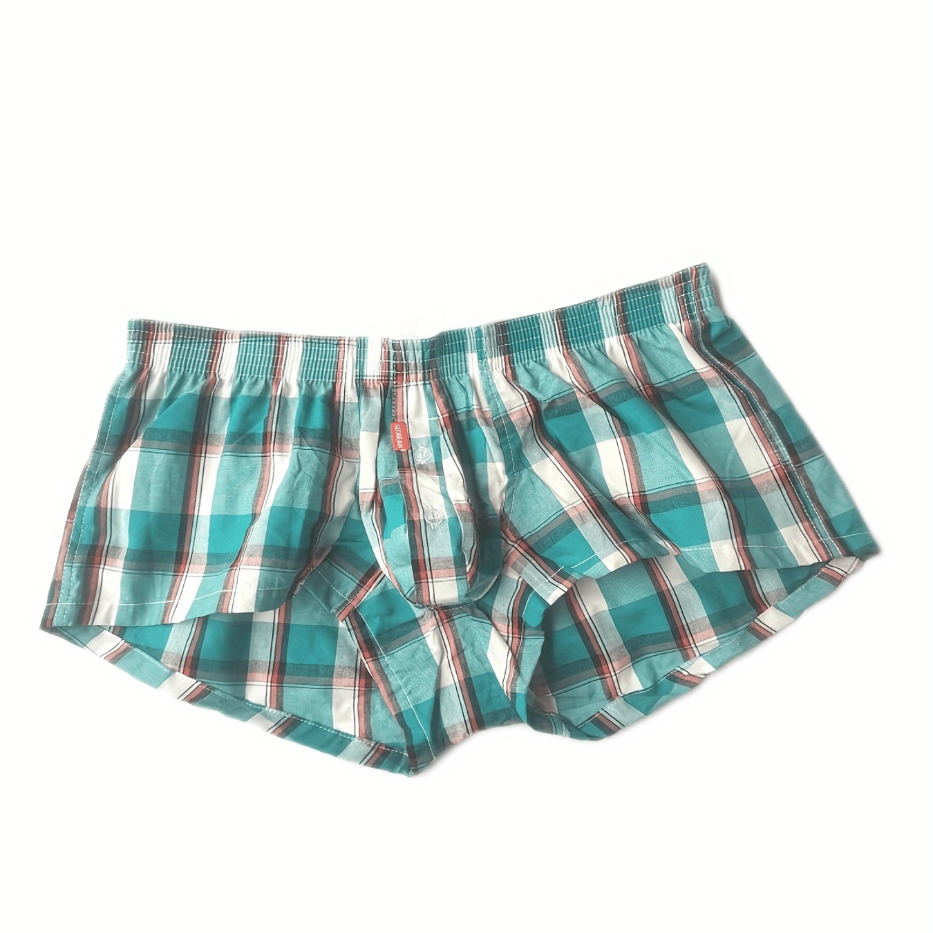 Men's flat corner underpants with front button opening, made of thin pure cotton, low waist sexy plaid shorts.