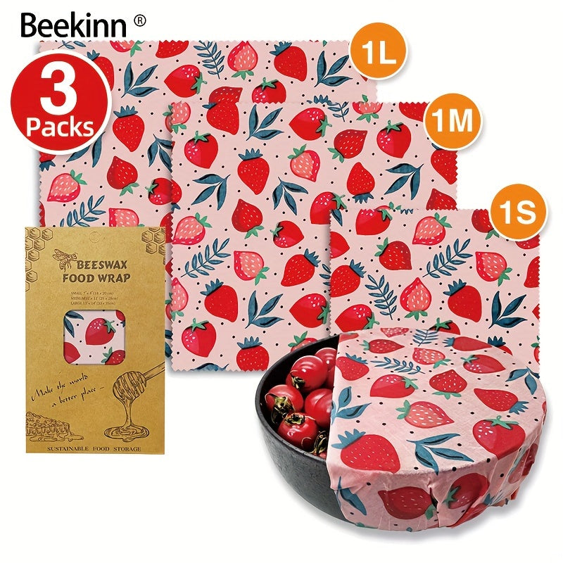 3-piece Beekinn Beeswax Reusable Food Wraps in Abstract Curves Pattern - Sustainable, Zero Waste Food Storage Solution