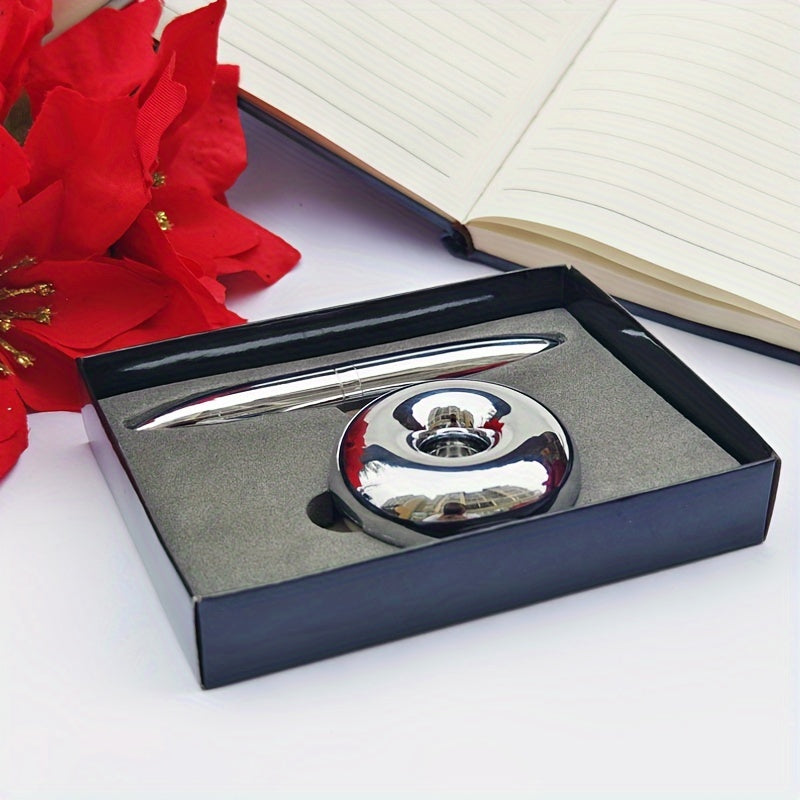 Magnetic levitation round ballpoint pen for men's gift with metal and plastic pen holder.