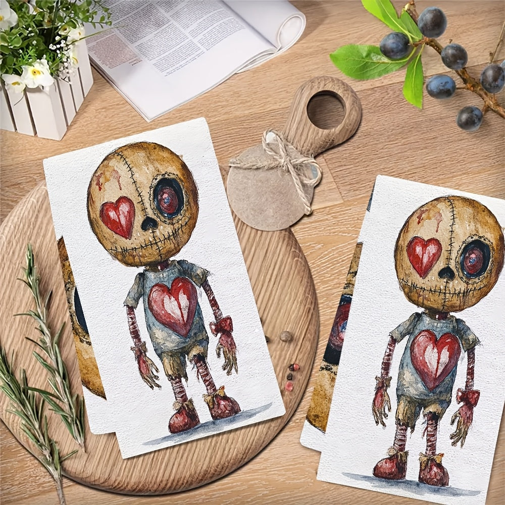 Set of 2 Ultra Soft Kitchen Towels featuring a Quirky Voodoo Doll with Heart Design, Exceptionally Absorbent & Easy to Clean, Size 40.64x60.96 cm - Ideal for Valentine's Day Decor, Festive Dish Towels|Unique and Fun Towel Design|Soft Knitted Texture