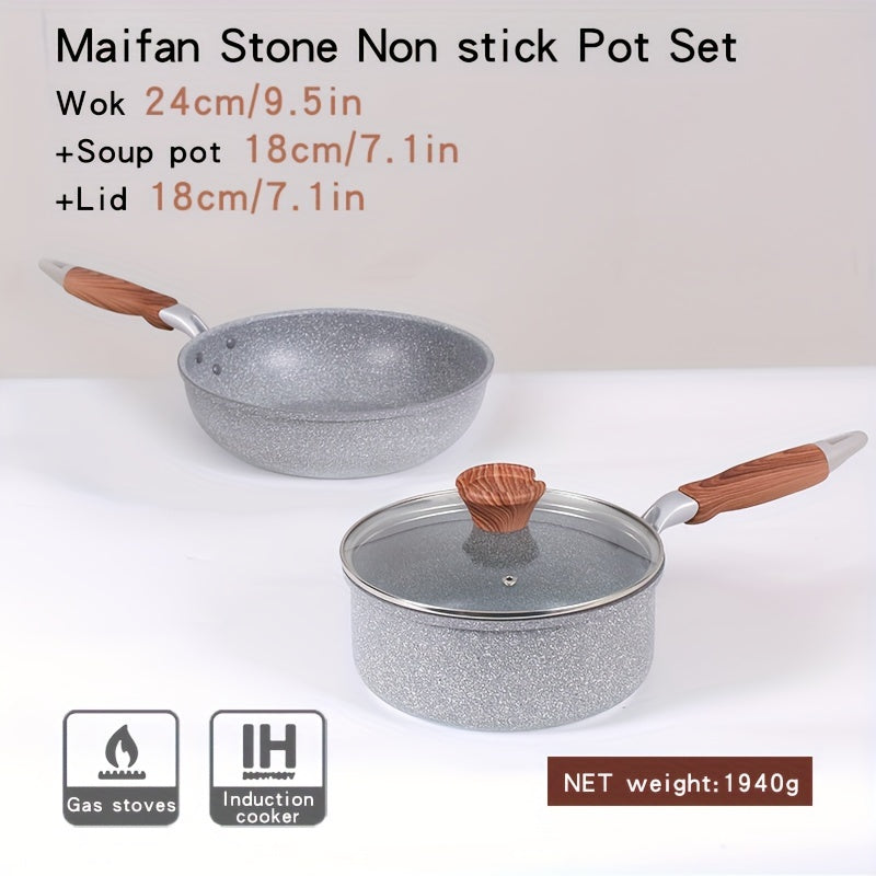 Maifan Stone Non-Stick Cookware Set includes 3 pieces with Wooden Grain Handles and Tempered Glass Lids. Made with Durable Aluminum Construction, these versatile Pots and Pans are suitable for use on various stovetops. Ideal for Boiling, Sautéing, and