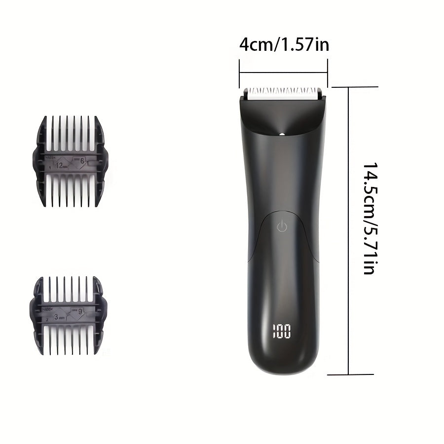 Men's electric trimmer with ceramic blade head, USB rechargeable, for grooming groin and body hair. Comes with 2 protective cover kits and can be used for beard, legs, chest, back, and