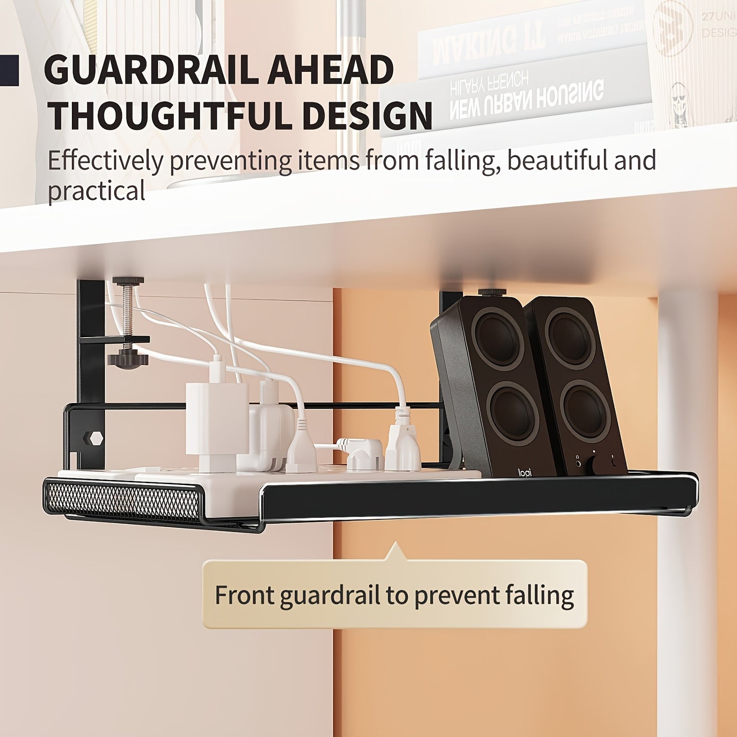 1pc Black under-desk cable management tray made of paint-finished iron wire for office desks without drilling needed.